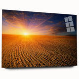 Large abstract wall art of a European scenery in vibrant blues and greens on acrylic glass.