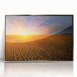 Mid-century modernist art depicting a serene European landscape in muted greens and blues, framed acrylic.