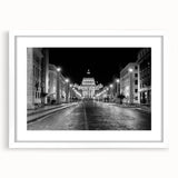 Abstract art print of the Vatican scenery in muted earth tones on a framed white mat, suitable for dining room decor.
