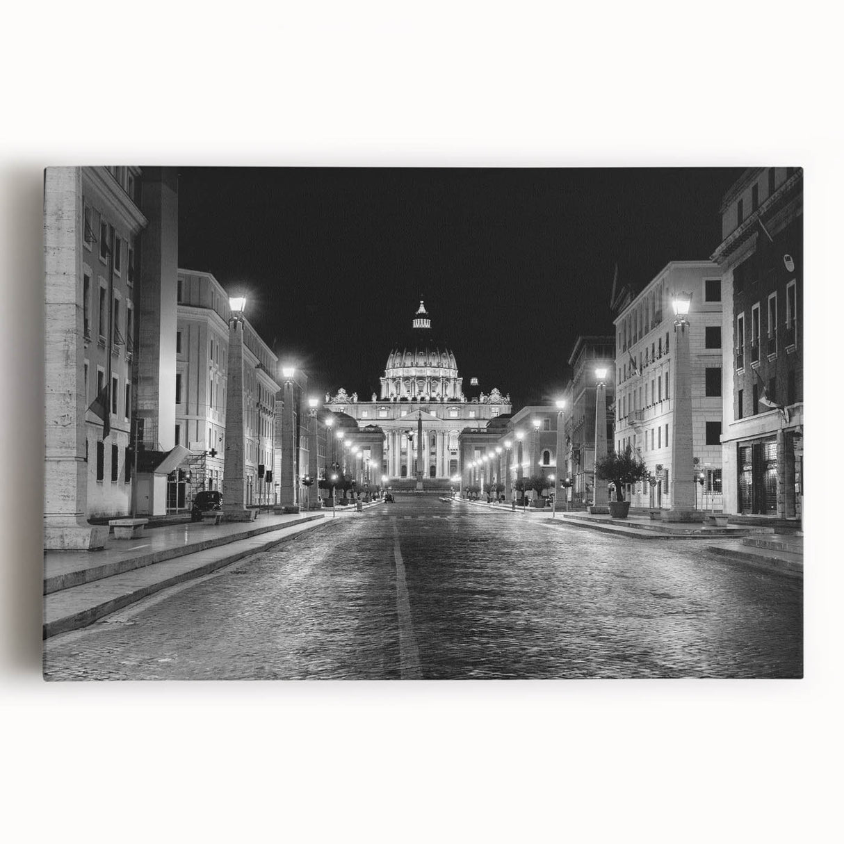 Black and white photo of the Vatican on stretched canvas, suitable as large kitchen wall art.