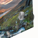 Mid-century modernist acrylic print depicting a Welsh landscape in muted earth tones, ideal for dining room art.