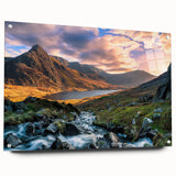 Acrylic print of a serene Welsh landscape in muted green and blue tones, suitable for bedroom or dining room decor.