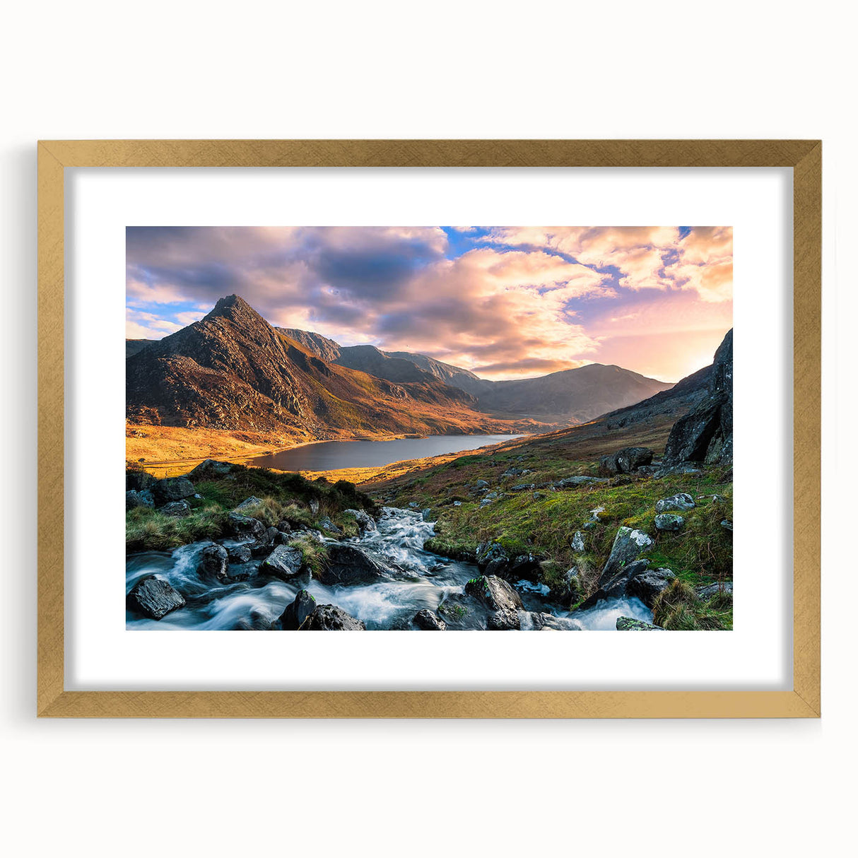 Abstract art print of a Welsh landscape in muted earth tones on a textured, extra large framed canvas.