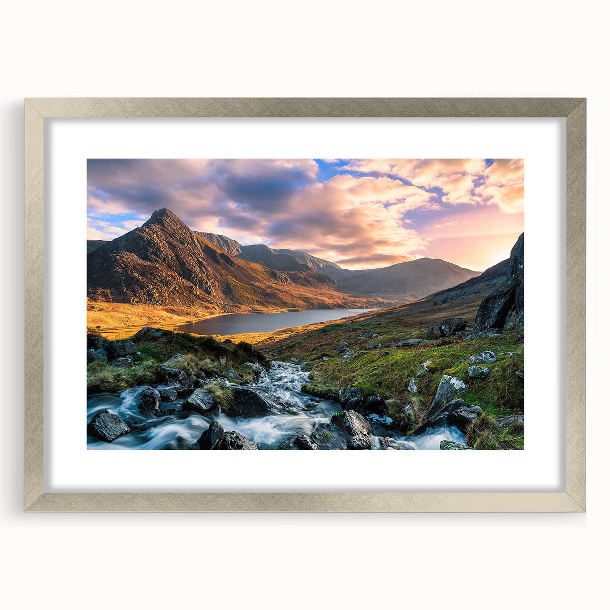 Textured abstract art print of a Welsh landscape in muted earth tones on a framed canvas, suited for bedroom art.
