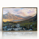 Framed acrylic print of a European landscape in Wales with muted earth tones, ideal for modern art wall decor.