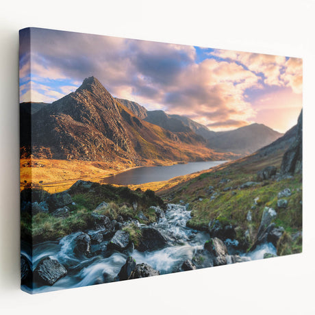 Large canvas print depicting a serene Welsh landscape in soft green and blue tones, suitable for kitchen wall art.