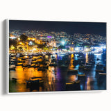 Vintage poster art of Acapulco scenery on extra large framed canvas, featuring vibrant colors against a black background.