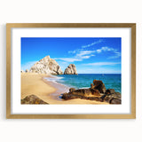 Extra large abstract art print of Baja California scenery in gold frame, featuring textured brush strokes in earth tones.