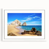 Abstract art print depicting the Baja California scenery in muted earth tones, framed with a white mat.