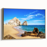Framed canvas of a vintage-style Baja California landscape in muted gold and black tones, suitable for bedroom wall art.