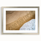 Textured abstract art print depicting a serene Cabo San Lucas landscape in muted earth tones on a framed canvas.