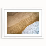 Abstract art print of Cabo San Lucas with vibrant blue and white tones on a framed canvas.