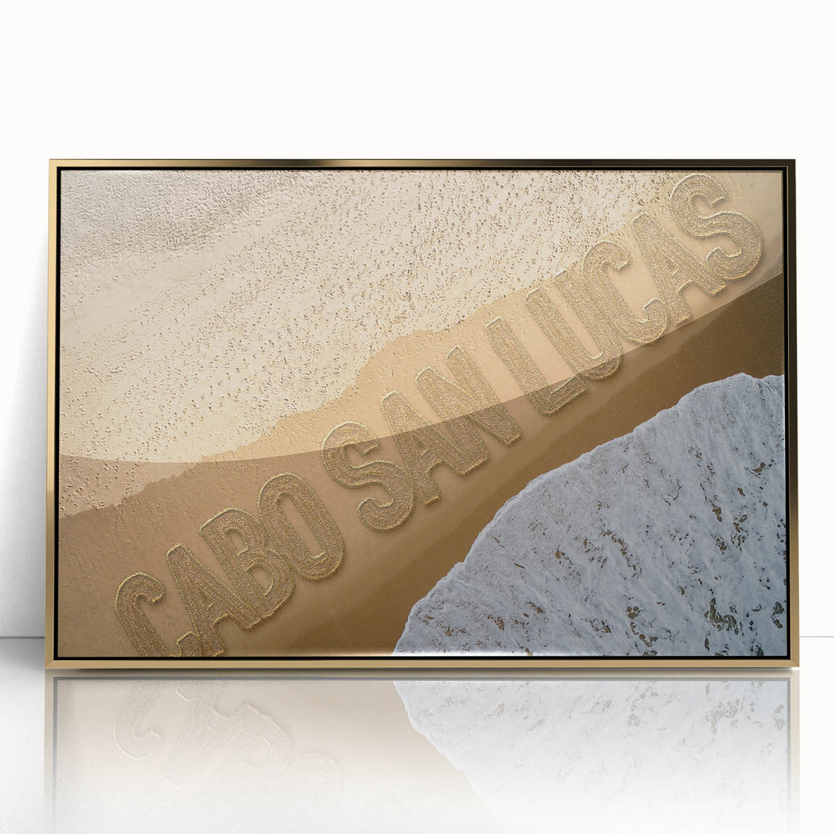 Framed acrylic print of Cabo San Lucas scenery in gold and blue tones, ideal for modern art wall decor.