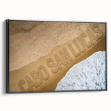 Framed canvas depicting a black and white landscape of Cabo San Lucas, ideal for bedroom wall decor.