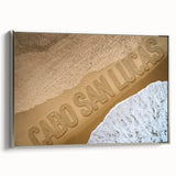 Framed canvas of a vintage-style landscape painting featuring Cabo San Lucas, with a palette of vibrant colors.