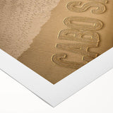 Art deco poster depicting the Cabo San Lucas scenery on a rolled canvas, featuring pastel shades.