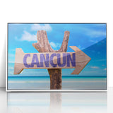 Art deco poster of Cancun scenery in pastel shades, framed acrylic, ideal for modern nursery wall art.