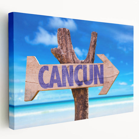 Side view of a large stretched canvas featuring a vibrant Cancun scenery, ideal for kitchen wall art.