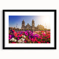 Extra large abstract art print of Mexico City scene in vibrant colors on a textured canvas, framed in black.