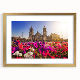 Extra large abstract art print of Mexico City, featuring textured brush strokes in earth tones, framed in gold.