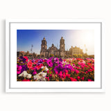 Abstract art print of Mexico City in muted gray and blue tones on a white framed mat, suitable for dining room decor.