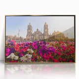 Mid-century modernist art of Mexico City skyline, in gold and teal tones on framed acrylic.