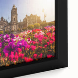 Extra large framed canvas depicting a textured, colorful scene of Mexico City in black and other vibrant hues.