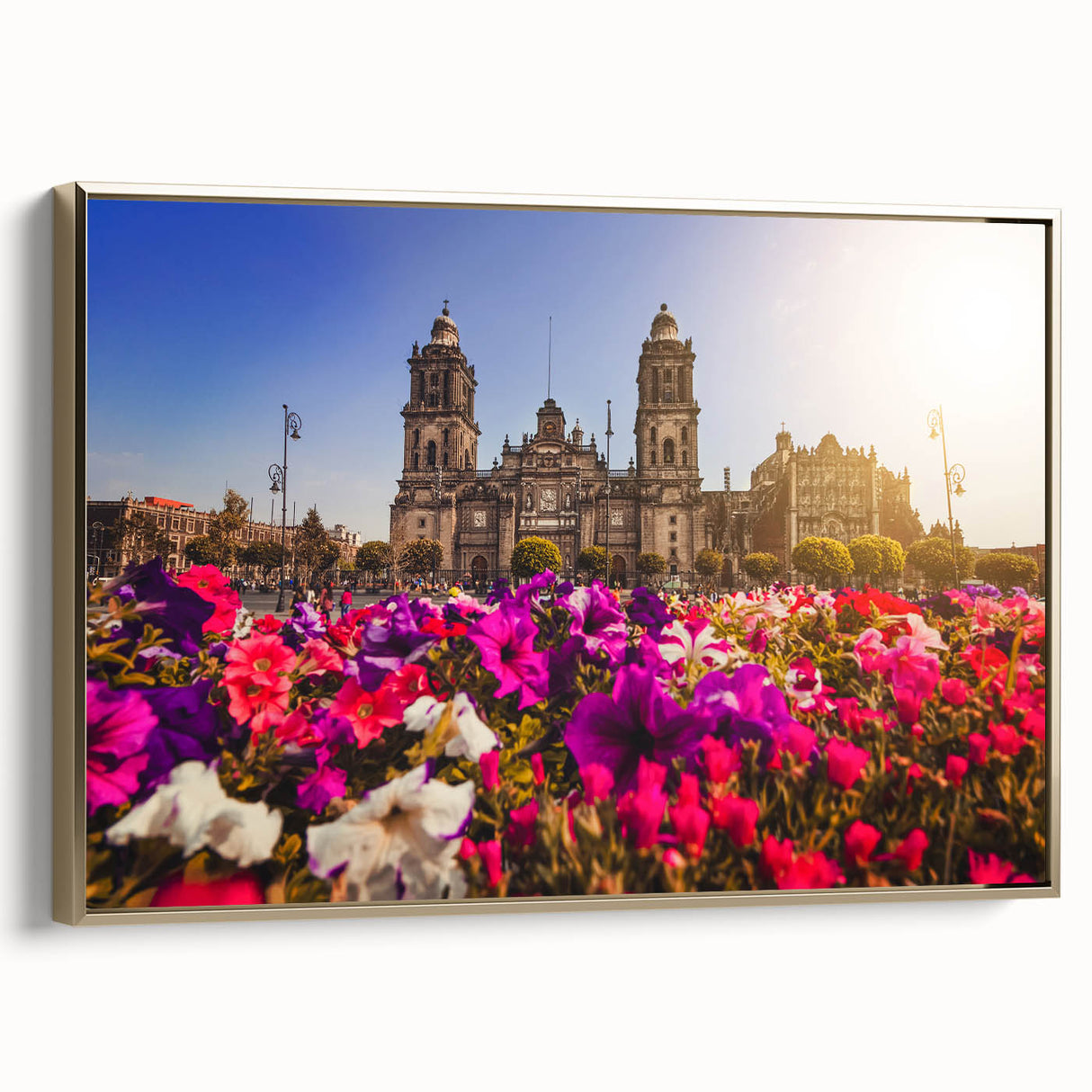 Framed canvas depicting a vintage-style Mexico City landscape in black and gold tones, ideal for bedroom wall decor.