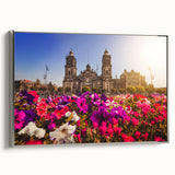 Framed canvas of a vintage Mexico City landscape painting with colorful art on a black background.