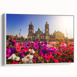 Vintage poster art of Mexico City on framed canvas, featuring colorful imagery on black background.