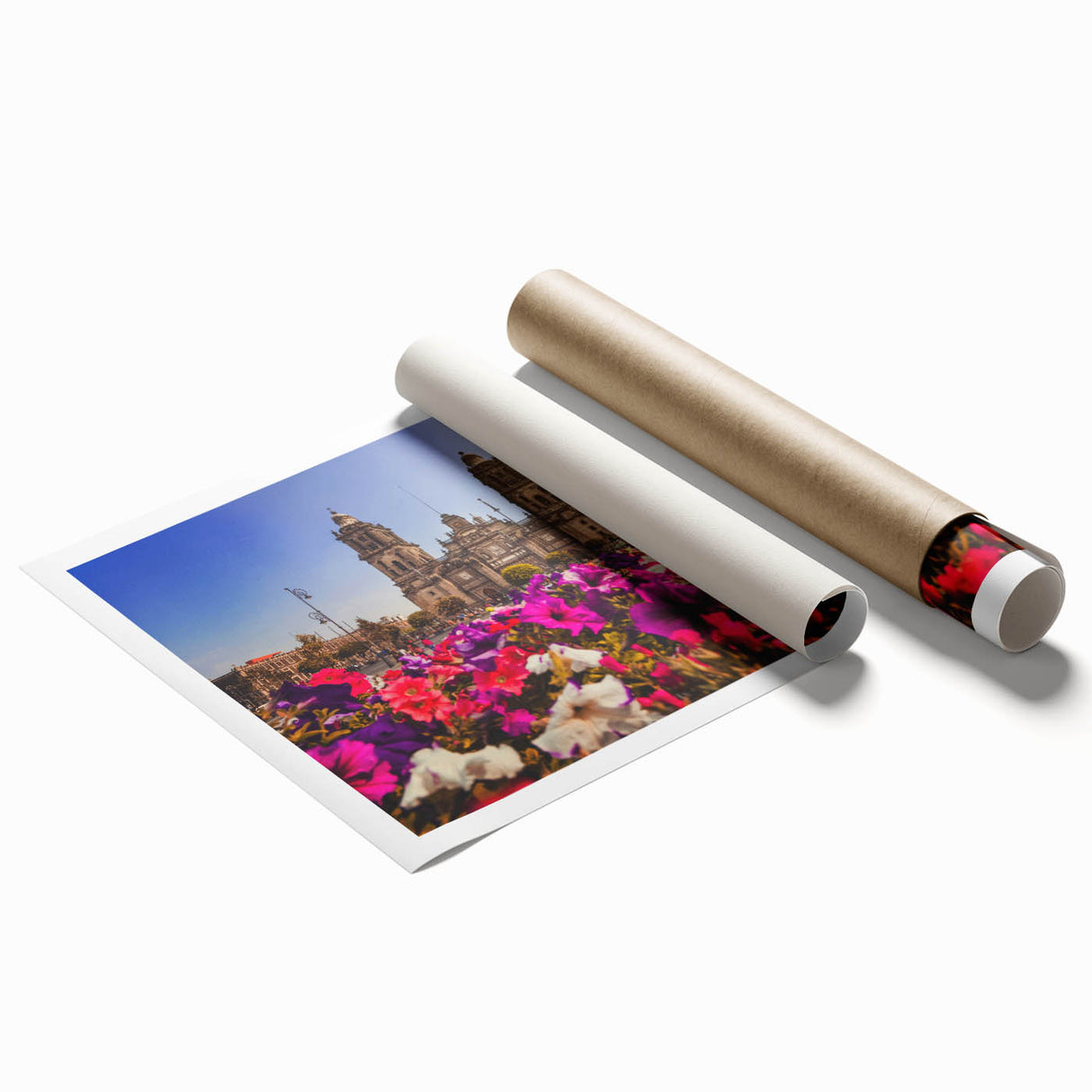 Extra large rolled print featuring a detailed floral art design of Mexico City, in pastel shades.