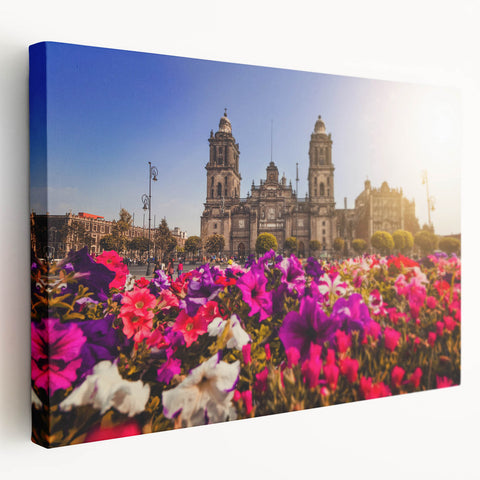 Large art print of Mexico City scenery in vibrant colors on stretched canvas, ideal for kitchen wall art.