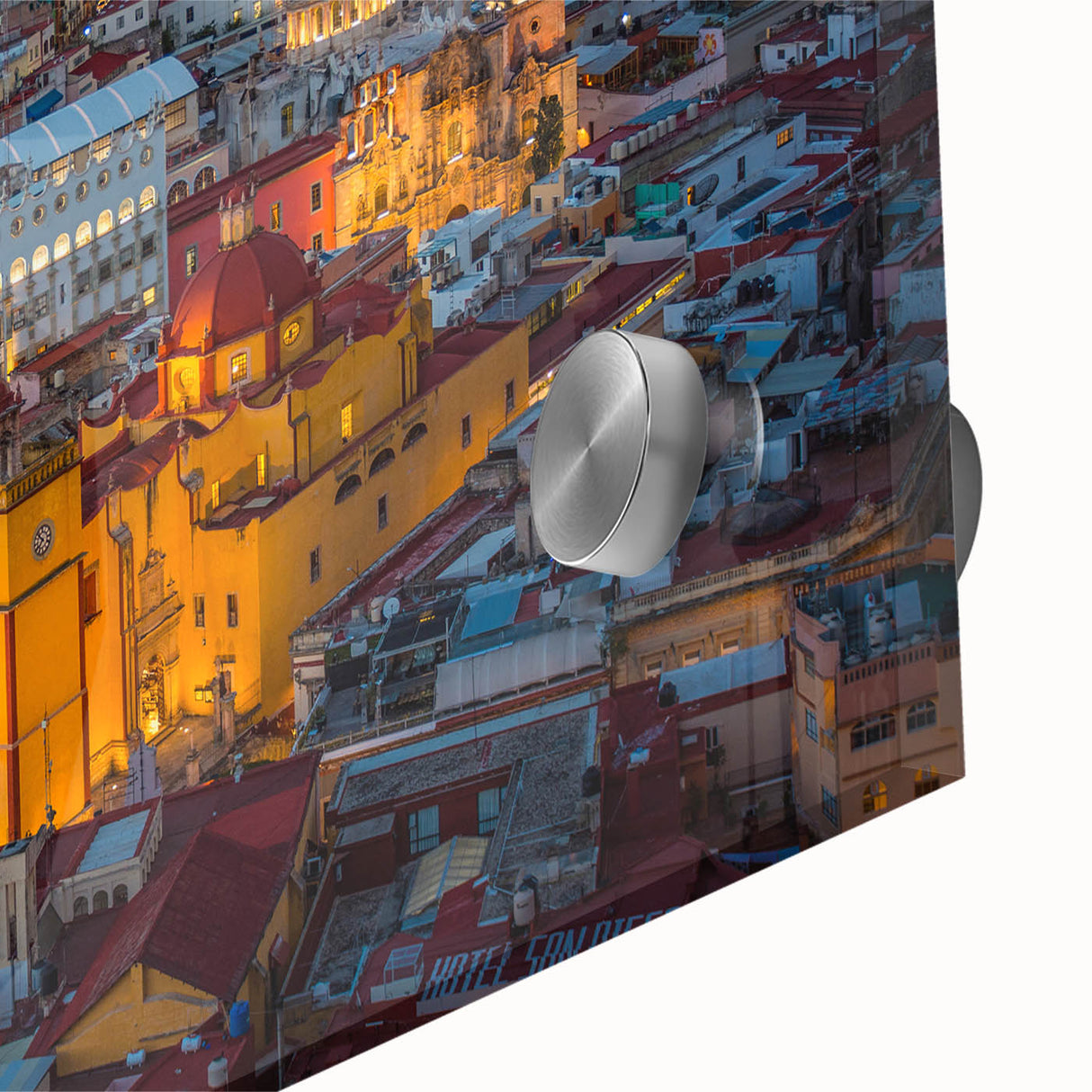 Acrylic print of a large abstract depiction of Guanajuato, Mexico, in vibrant blue and orange tones.