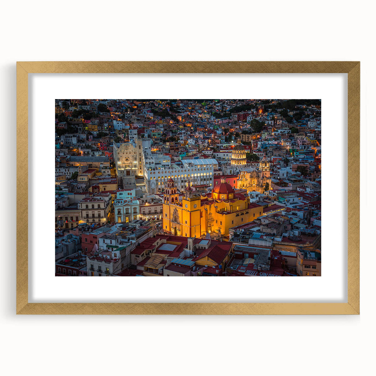 Extra large framed wall art depicting an abstract textured scene of Guanajuato in muted earth tones.