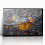 Large abstract wall art depicting vibrant Guanajuato scenery in mid-century modernist style, framed in black acrylic.