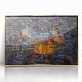 Framed acrylic print of Guanajuato, Mexico, featuring mid-century modernist style in vibrant, earthy tones.