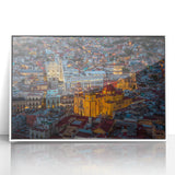 Art deco poster of Guanajuato, Mexico scenery with vibrant colors on white-framed acrylic.