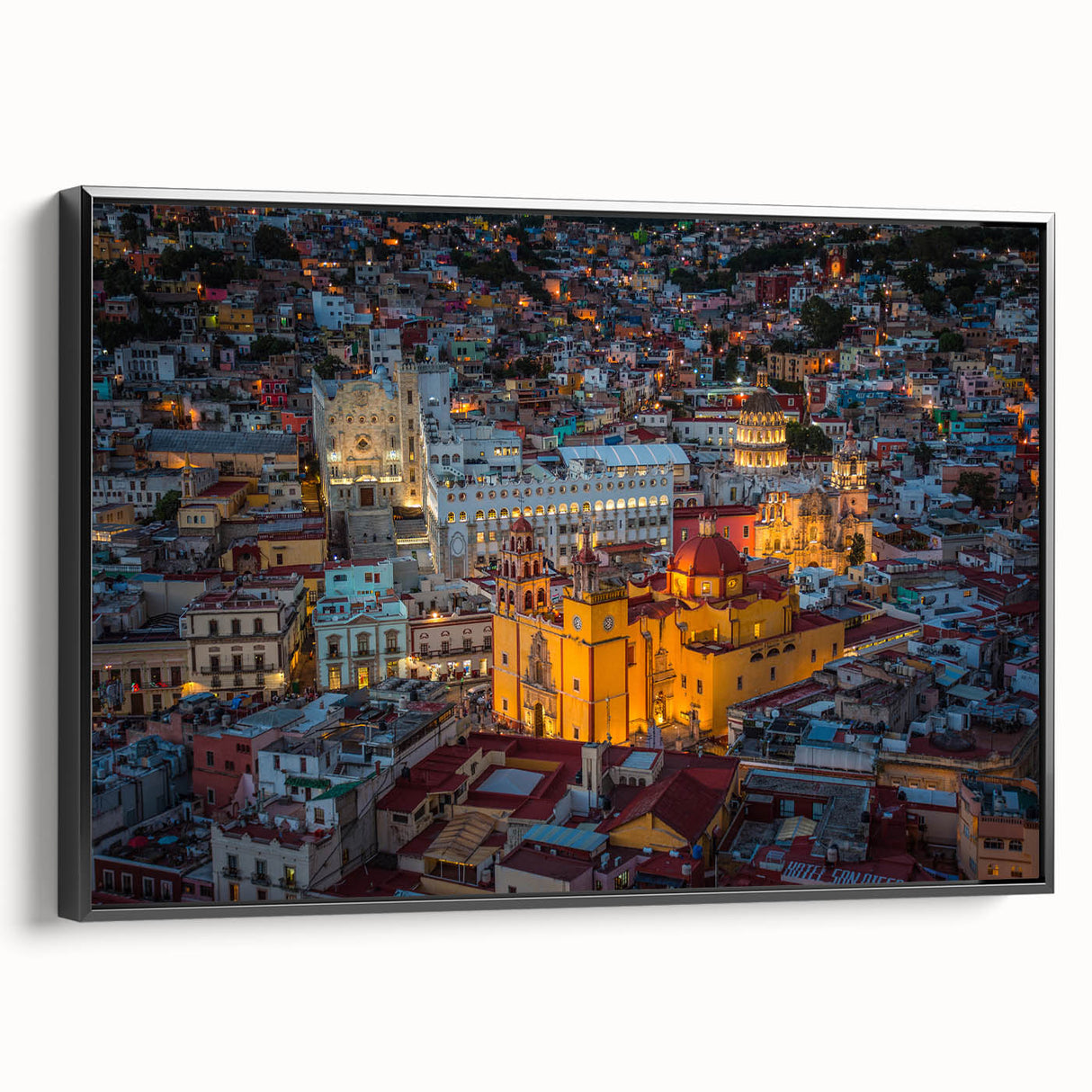 Black and white framed canvas of Guanajuato landscape, ideal for bedroom wall art.