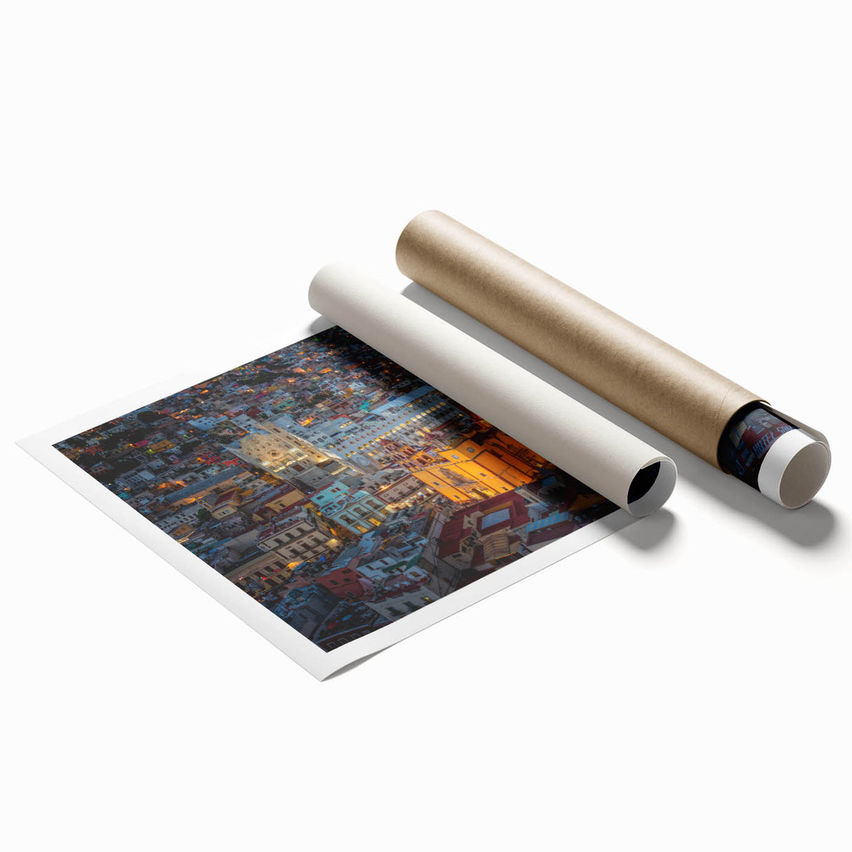 Rolled print of Guanajuato, Mexico scenery with vibrant floral elements, ideal for art wall dining room decor.