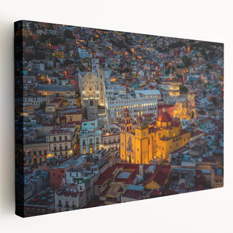 Large art print of Guanajuato, Mexico, featuring vibrant colors on stretched canvas, ideal for kitchen wall art.