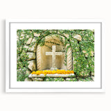 Abstract art print of Quintana Roo scenery in muted blue and green tones, framed with a white mat.