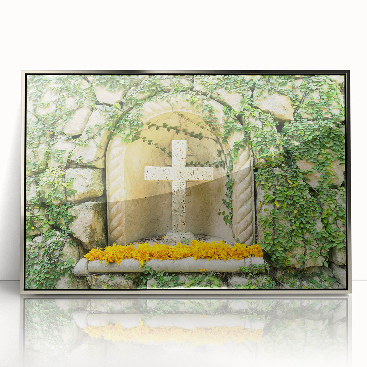 Mid-century modernist art depicting a serene Quintana Roo landscape in muted green and blue tones, framed in silver acrylic.