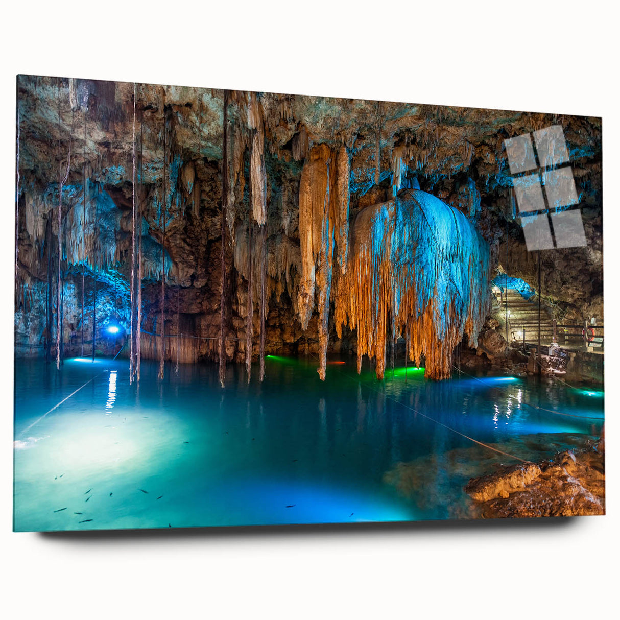 Large abstract wall art depicting Yucatán scenery in pastel shades on acrylic glass, ideal for bedroom or dining room decor.