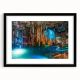 Colorful abstract art print of a Yucatan scenery in vibrant hues on a large framed canvas, ideal for living room decor.
