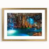 Extra large abstract art print of Yucatan scenery in textured style, with muted earth tones, framed in gold.