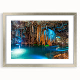 Textured abstract art print depicting a vibrant Yucatan landscape scene on a framed silver mat, ideal for bedroom art.