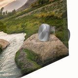 Large abstract wall art depicting a Middle Eastern scenery in muted earth tones on acrylic glass.