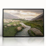 Large abstract wall art depicting a Middle Eastern scene in muted earth tones on a framed acrylic.