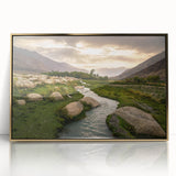 Mid-century modernist style acrylic print of an Afghan landscape in muted earth tones, framed in gold.