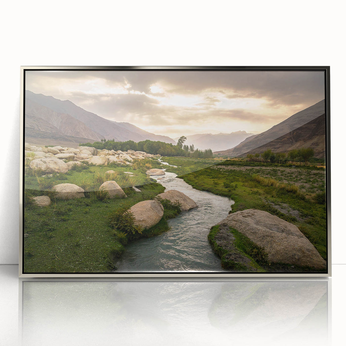 Mid-century modernist art depicting a serene Afghan landscape in muted earth tones, framed acrylic print.